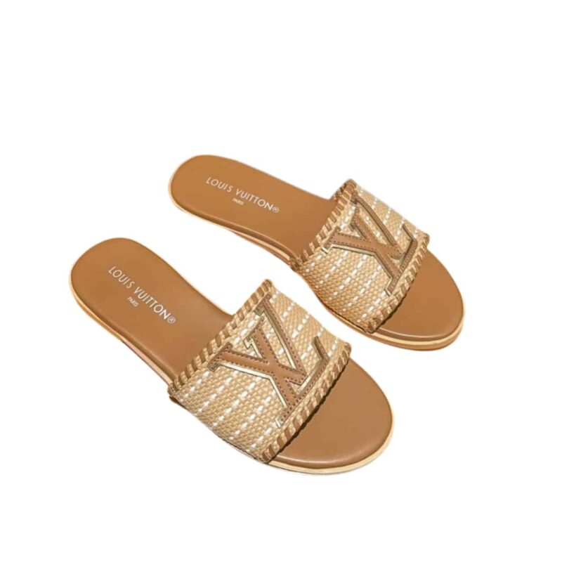 LOUIS VUITTON LOCK IT FLAT RAFFIA MULES BROWN