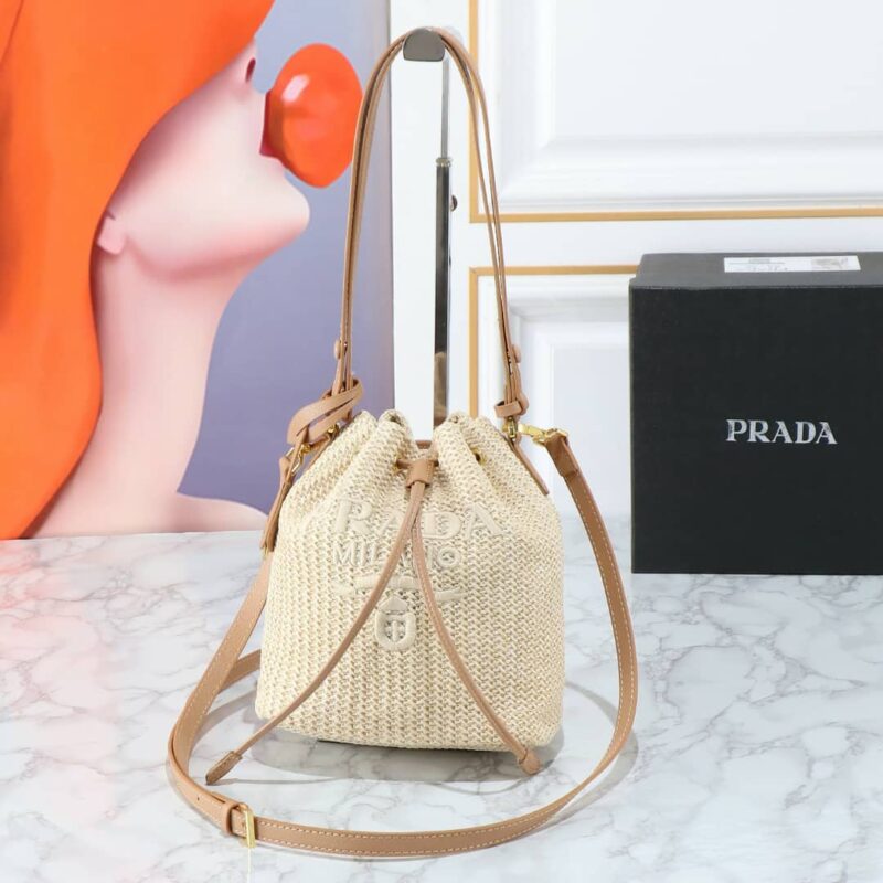 Alternative view of PRADA CROCHET AND LEATHER BUCKET BAG NATURAL 24CM 1BE068 2M2T F0018 V OUO