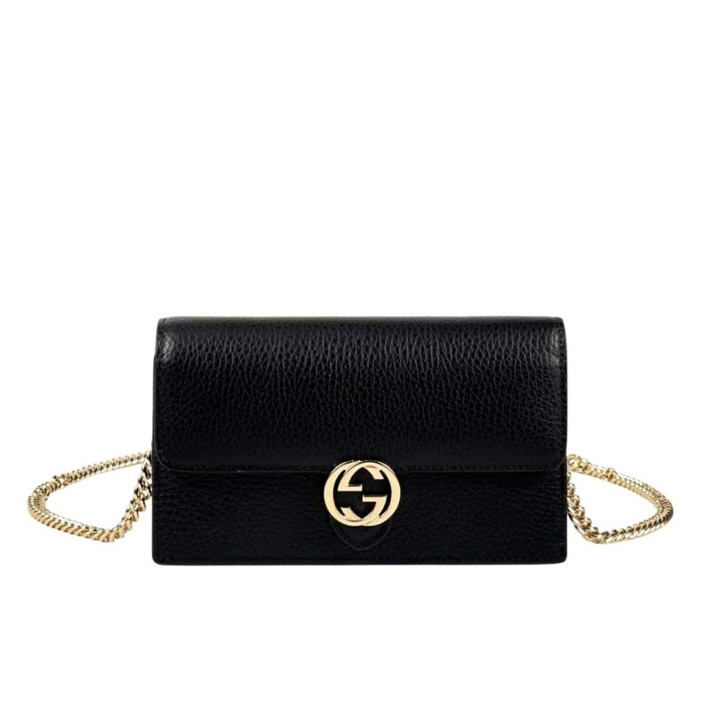 GUCCI ICON GG INTERLOCKING WALLET ON CHAIN CROSSBODY BAG BLACK 21CM 615523 CAO0G 1000