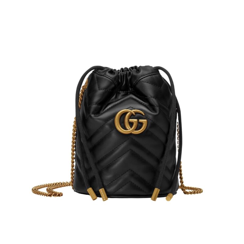 GUCCI GG MARMONT MATELASSÉ CHEVRON MINI BUCKET BAG BLACK 15CM ‎575163 DTDRT 1000