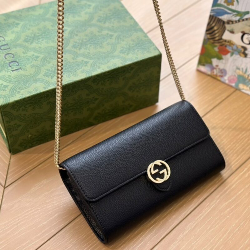 Alternative view of GUCCI ICON GG INTERLOCKING WALLET ON CHAIN CROSSBODY BAG BLACK 21CM 615523 CAO0G 1000