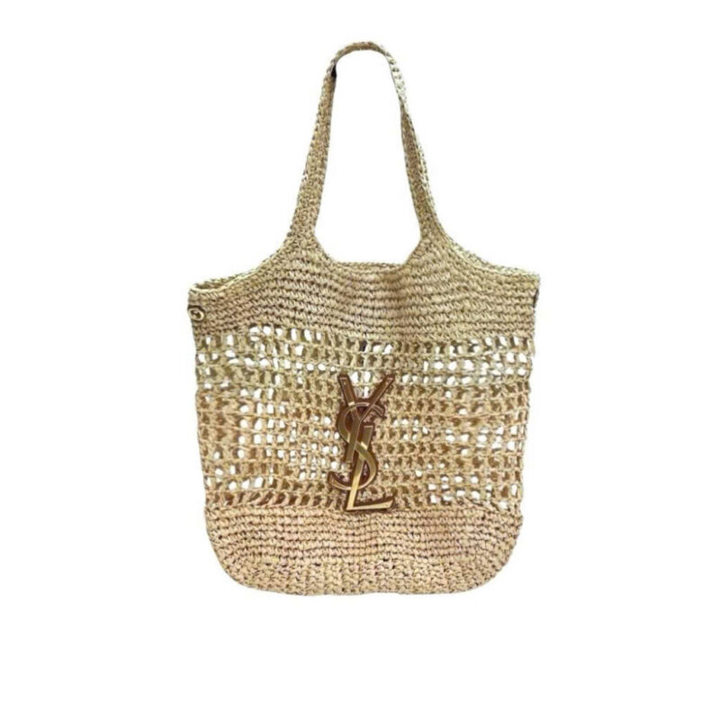 SAINT LAURENT RAFFIA ICARE TOTE BAG NATUREL AND BROWN GOLD 45CM 772191GAAEK2063