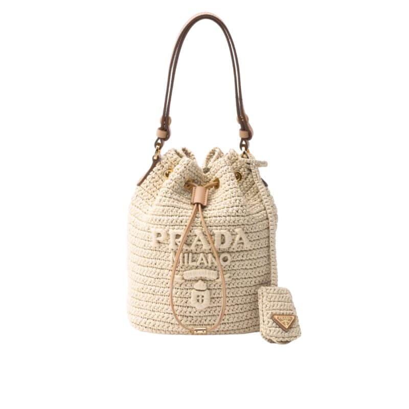 PRADA CROCHET AND LEATHER BUCKET BAG NATURAL 24CM 1BE068 2M2T F0018 V OUO