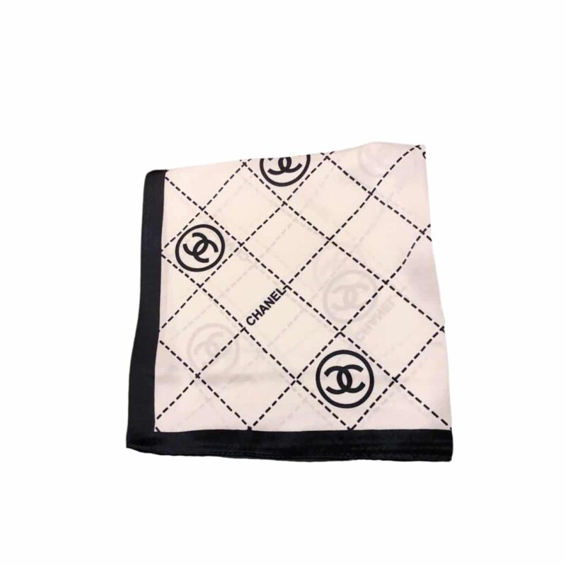 CHANEL CC LOGO SILK TWILL SQUARE SCARF BLACK WHITE
