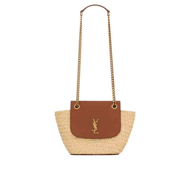 SAINT LAURENT MINI MANON IN RAFFIA AND AGED VEGETABLE TANNED LEATHER NATUREL 23CM 774269GAAED9051