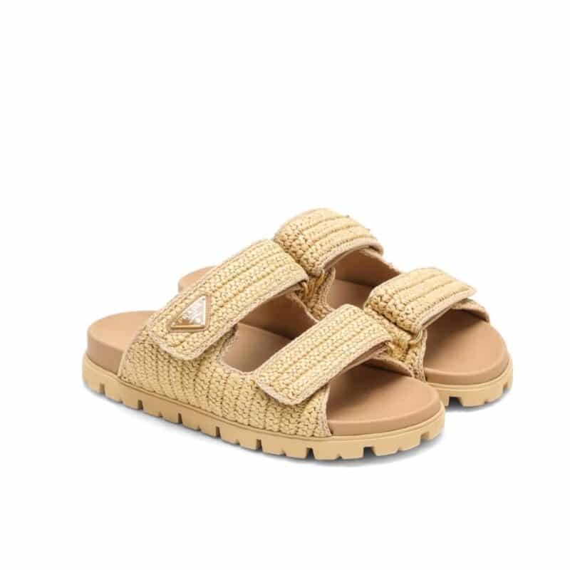 PRADA RAFFIA DOUBLE BAND SLIDE SANDALS BEIGE 1XX699 F020 2C2T F0018