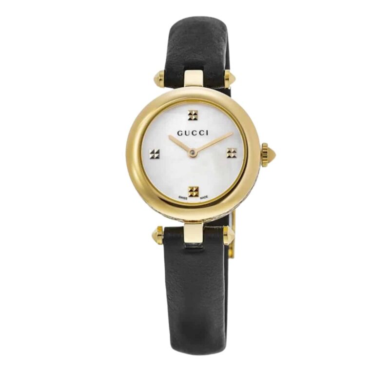 GUCCI DIAMANTISSIMA STEEL WATCH WITH BLACK LEATHER STRAP 27MM YA141505