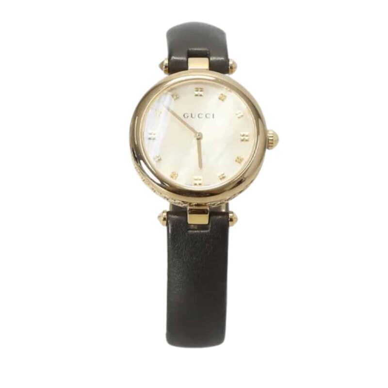 GUCCI DIAMANTISSIMA SWISS QUARTZ WITH BLACK STRAP AND GOLD TONE 27MM YA141404
