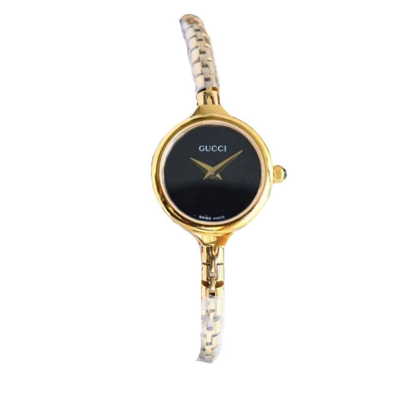 GUCCI LADIES WATCH ROUND CASE WITH SLIM DIAL GOLD IN BLACK 22MM