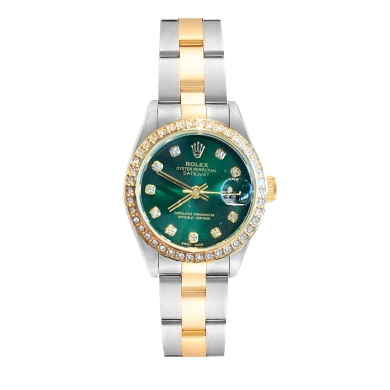 ROLEX DATEJUST DIAMOND DIAL SILVER AND GOLD IN GREEN 28MM