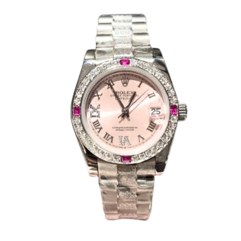 ROLEX LADY DATEJUST BRACELET WHITE GOLD DIAMOND BEZEL PINK ROMAN 31MM
