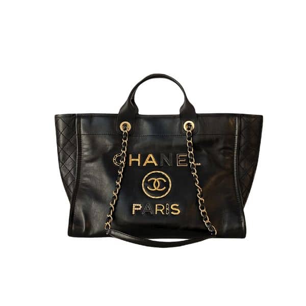 CHANEL DEAUVILLE LARGE SHOPPING BAG LEATHER BLACK 38CM