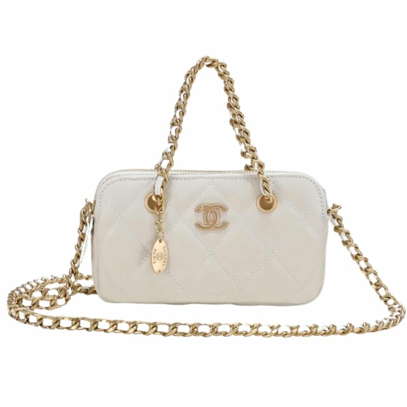 CHANEL HANDBAG GOLD TONE METAL WHITE 20CM