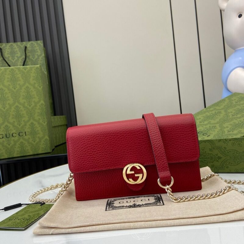 Alternative view of GUCCI INTERLOCKING G WALLET ON CHAIN PEBBLED LEATHER RED 19CM 615523 CAO0G 6420