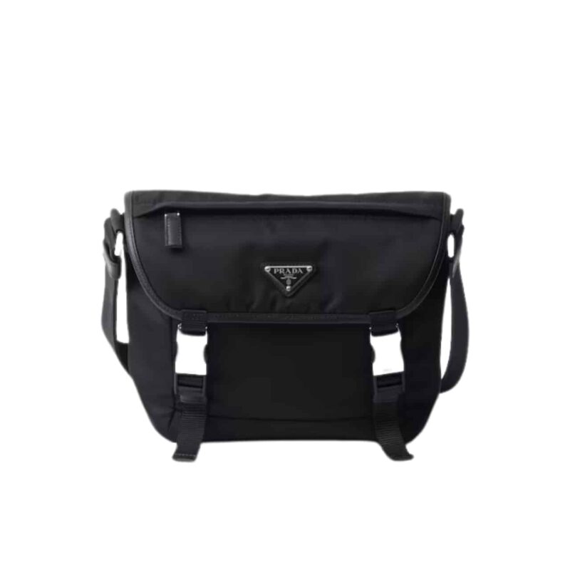PRADA RE NYLON AND SAFFIANO LEATHER SHOULDER BAG BLACK 24CM  2VD066 2DMG F0002 V OOM