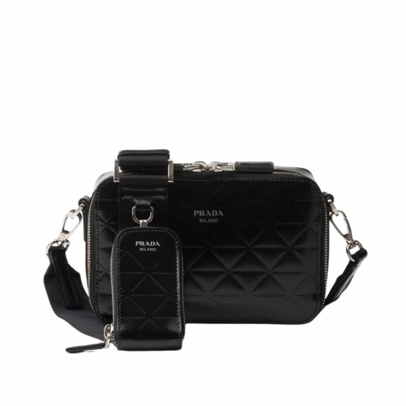 PRADA BRIQUE BRUSHED LEATHER BAG WITH TRIANGLE MOTIF BLACK 18CM 2VH070 ZO6 F0002 V ZMT