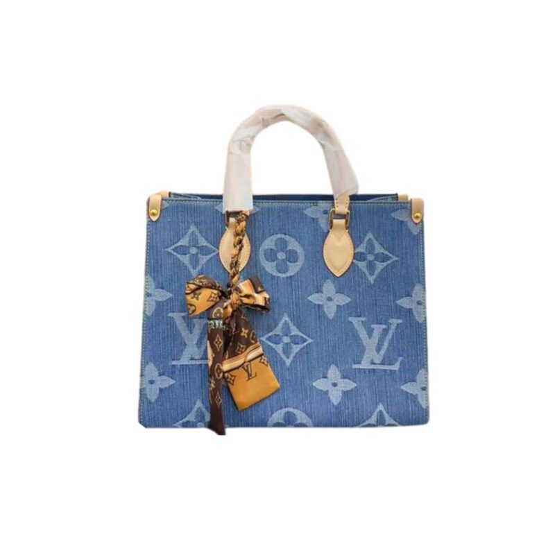 LOUIS VUITTON ONTHEGO LV MONOGRAM DENIM TOTE BAG LIGHT BLUE 25CM