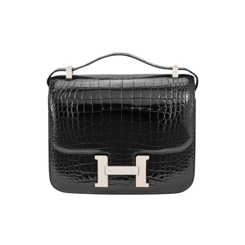 HERMÈS MINI CONSTANCE 19 SHINY ALLIGATOR PALLADIUM HARDWARE BLACK 19CM