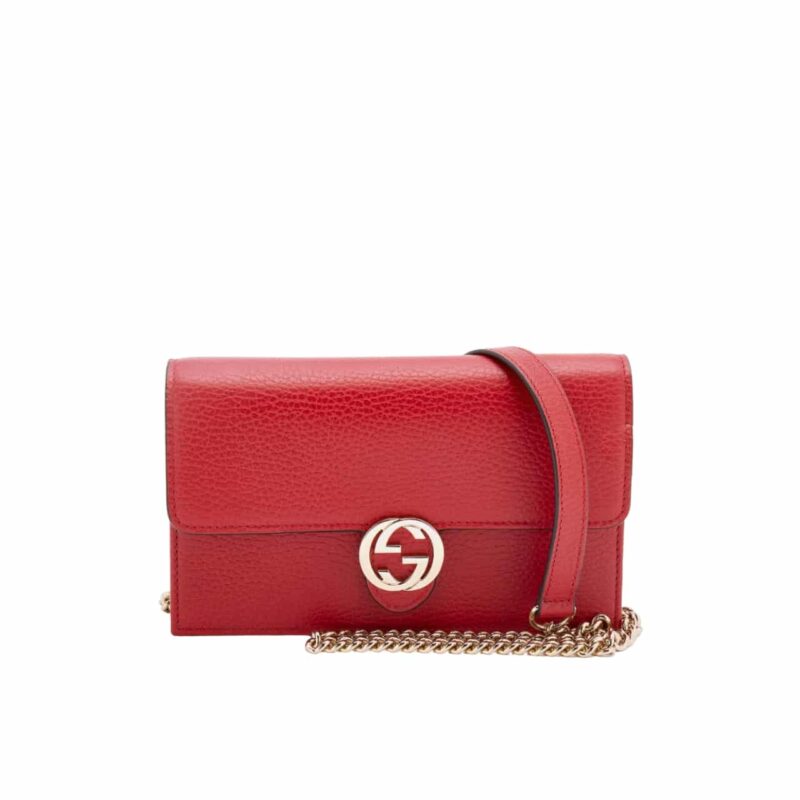 GUCCI INTERLOCKING G WALLET ON CHAIN PEBBLED LEATHER RED 19CM 615523 CAO0G 6420