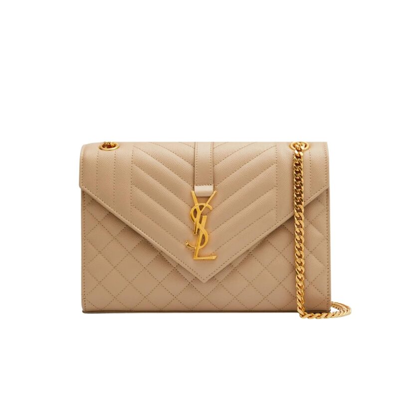 SAINT LAURENT ENVELOPE MATELASSÉ GRAIN DE POUDRE DARK BEIGE 24CM
