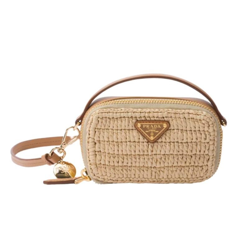 PRADA CROCHET AND LEATHE POUCH BAG NATURAL 18CM 1NR025 2CYC F0018