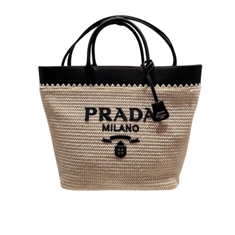 PRADA CROCHET AND LEATHER TOTE BAG TAN AND BLACK 33CM 1BG499 2M2Q F0I55 V GOO