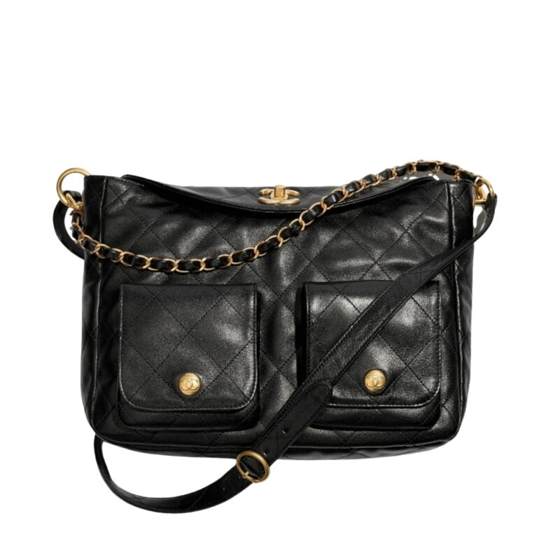 Chanel 24P Large Hobo Bag Glossy Leather Black 25Cm AS4668 B15543 94305