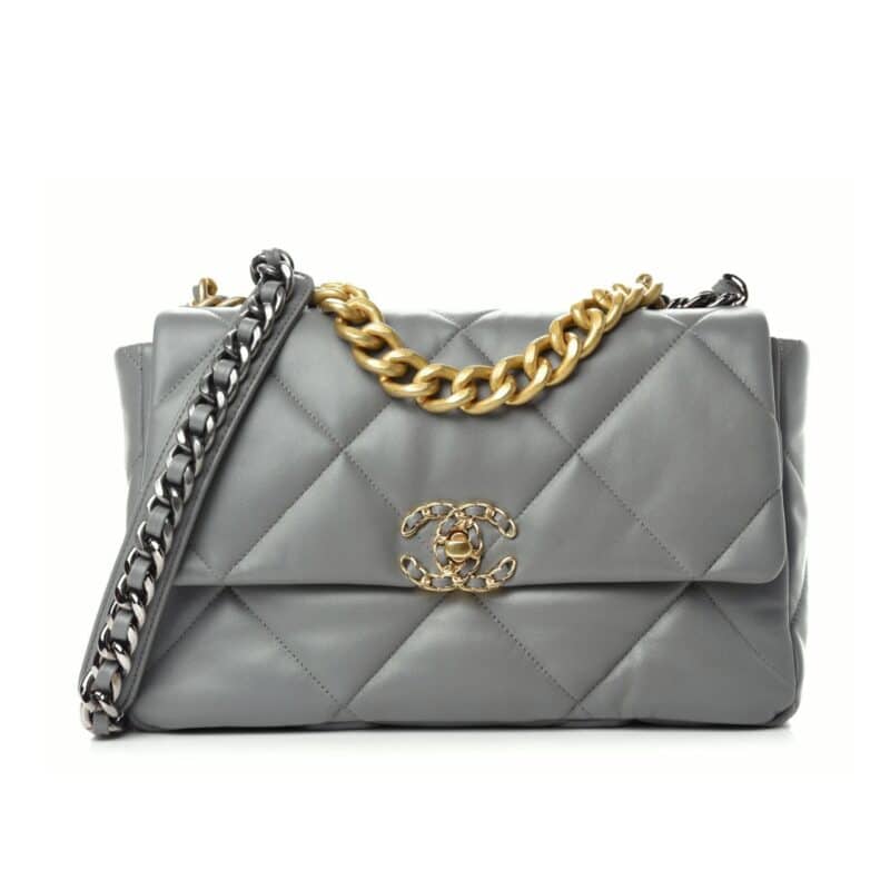 CHANEL 19 FLAP BAG SHINY GOLD AND SILVER TONE LIGHT GREY 26CM