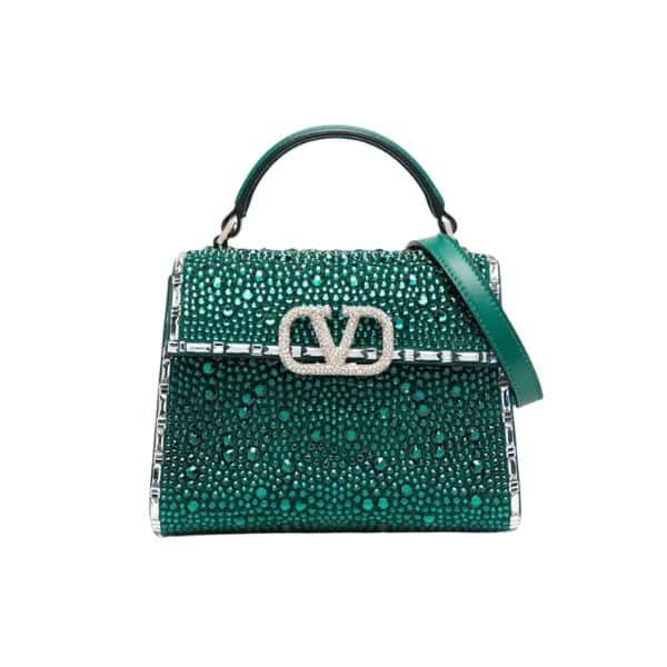 VALENTINO GARAVANI VSLING HANDBAG WITH SPARKLING CRYSTALS AND JEWEL EMBROIDERY IN GREEN 20CM