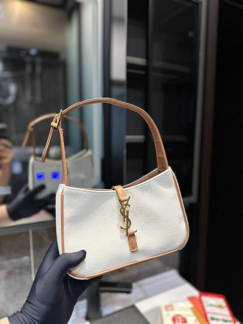 Alternative view of SAINT LAURENT LE 5 À 7 LINEN CANVAS HOBO BAG WHITE AND BROWN 25CM 657228FAAVH