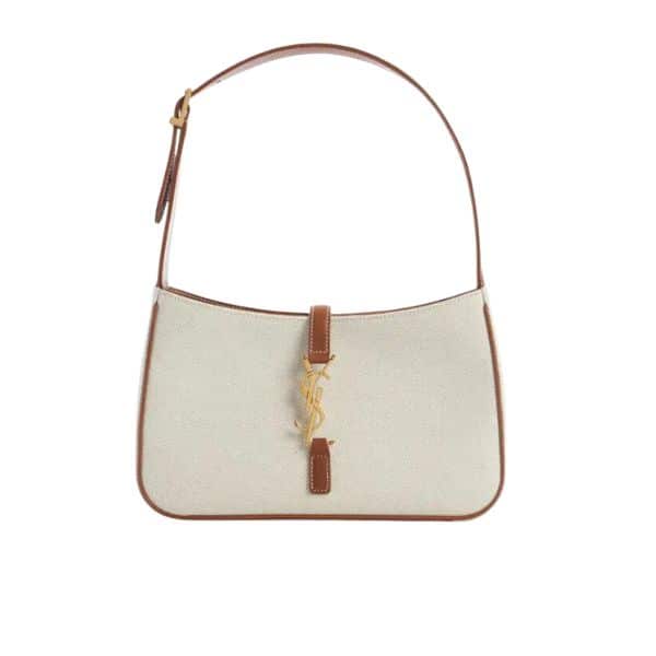SAINT LAURENT LE 5 À 7 LINEN CANVAS HOBO BAG WHITE AND BROWN 25CM 657228FAAVH