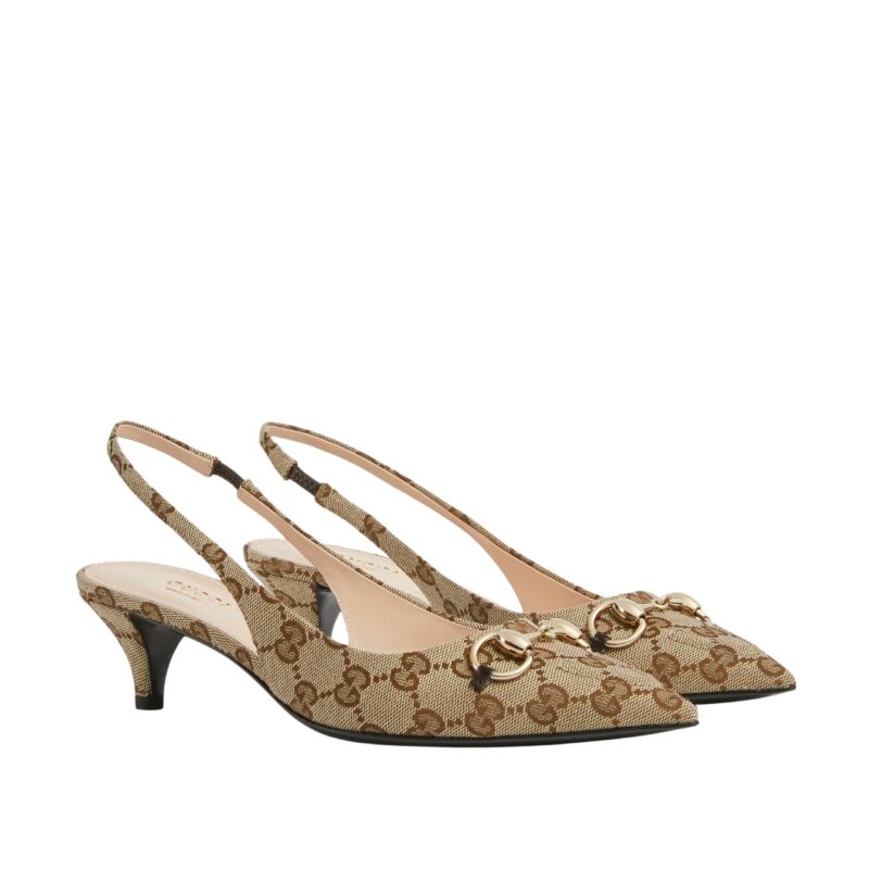 GUCCI WOMEN'S SLINGBACK PUMP WITH HORSEBIT GG CANVAS BEIGE AND EBONY 782627 2HK80 9763