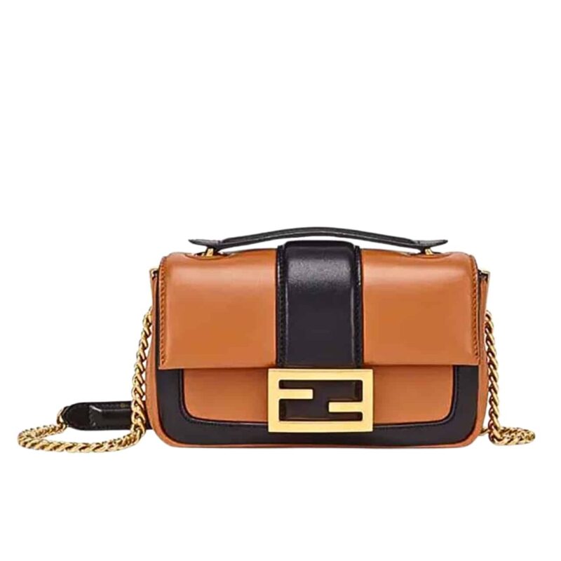 FENDI WOMEN MINI BAGUETTE CHAIN SHOULDER BAG BROWN 19CM