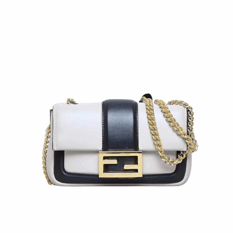 FENDI WOMEN MINI BAGUETTE CHAIN SHOULDER BAG WHITE 19CM