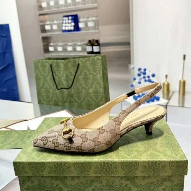 Alternative view of GUCCI WOMEN'S SLINGBACK PUMP WITH HORSEBIT GG CANVAS BEIGE AND EBONY 782627 2HK80 9763