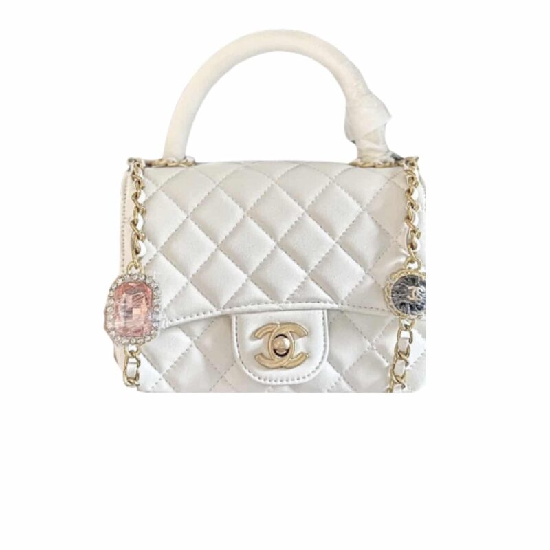 GUCCI MINI FLAP BAG WITH TOP HANDLE BIJOUX CHAIN WHITE 18CM