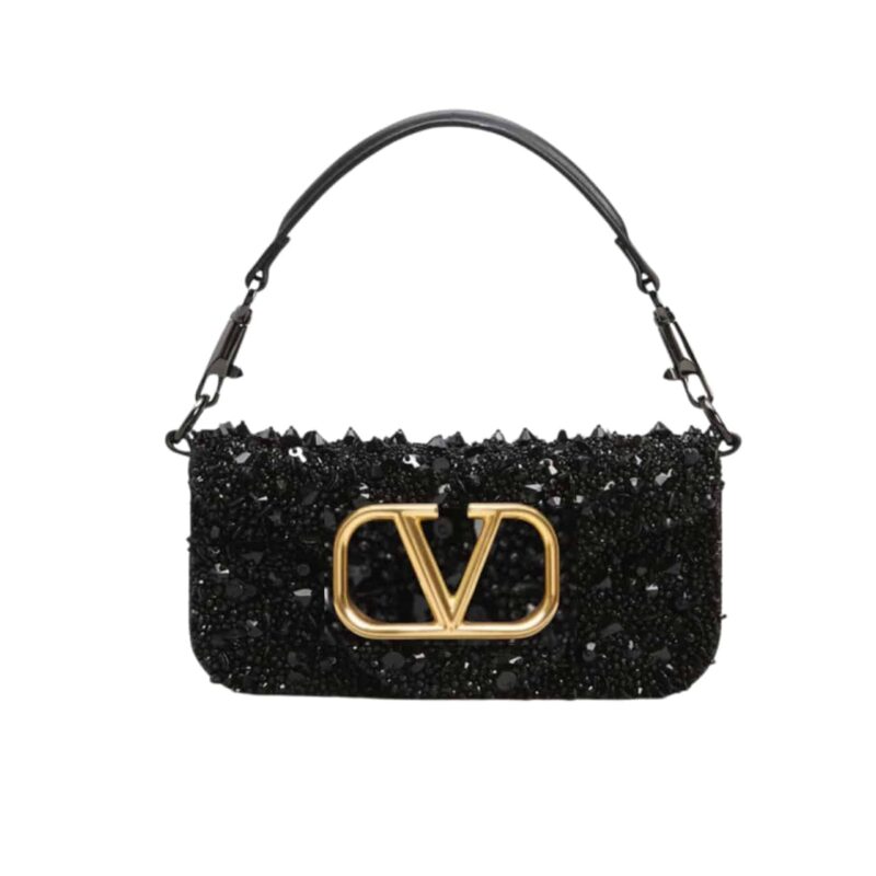 VALENTINO LOCO MEDIUM VLOGO SEQUINS SHOULDER BAG BLACK 26CM