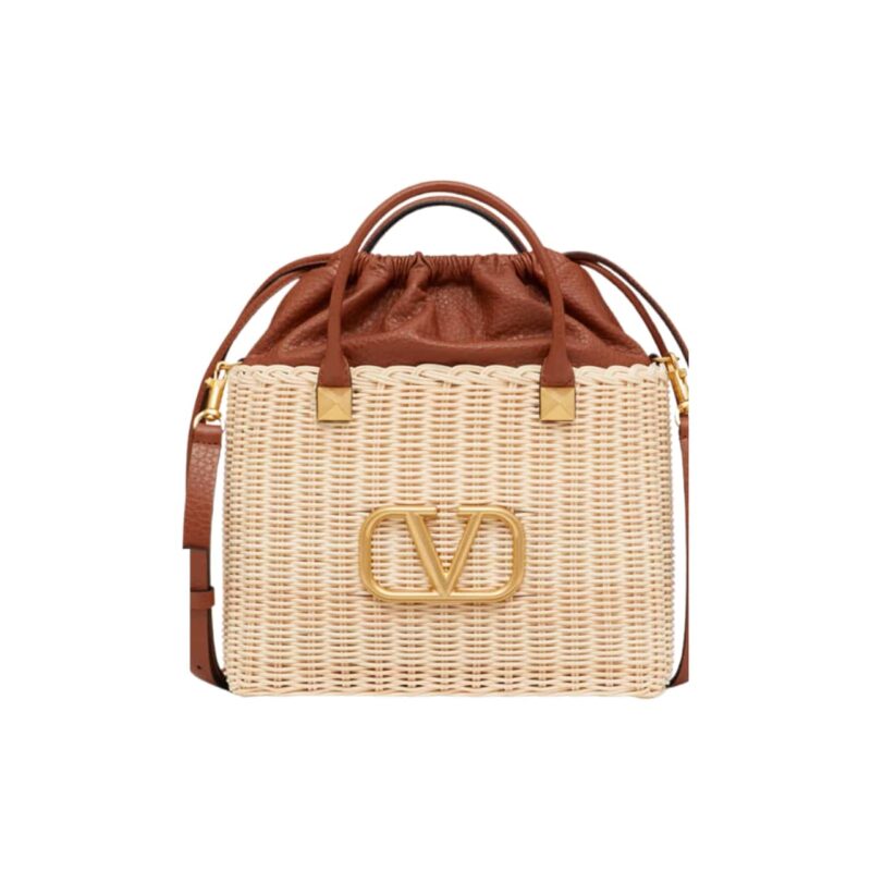 VALENTINO VLOGO SIGNATURE WICKER BUCKET BAG BROWN 26CM