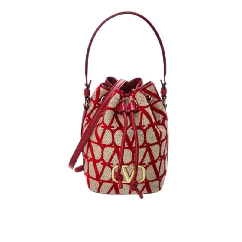 VALENTINO MINI VLOGO SIGNATURE BUCKET BAG IN TOILE ICONOGRAPHE RED 22CM