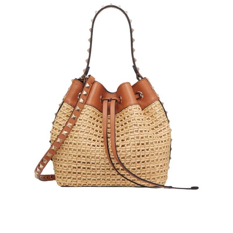 VALENTINO ROCKSTUD WOVEN BUCKET BAG BROWN 19CM