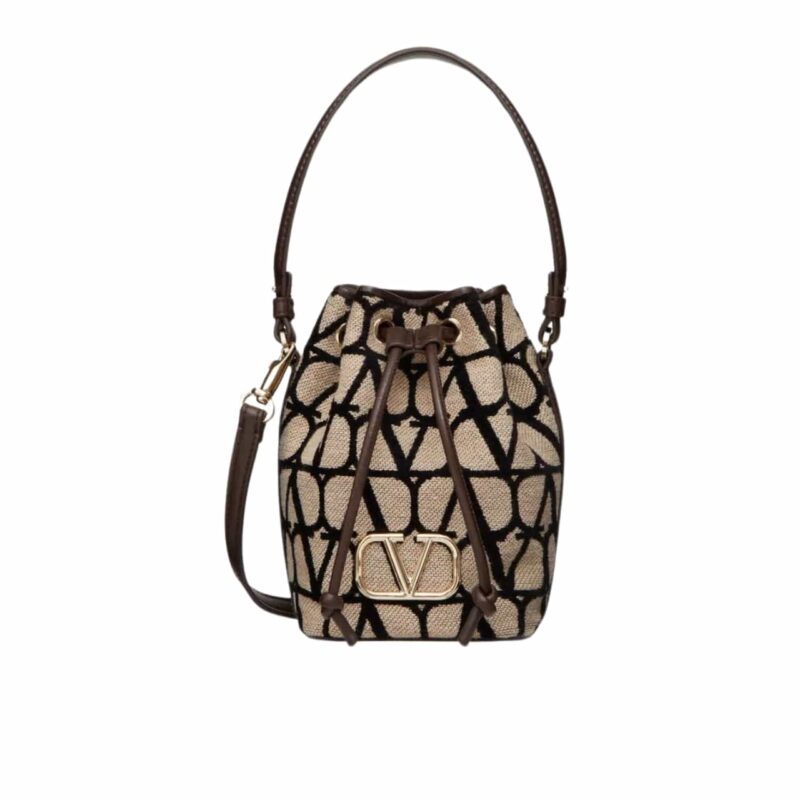VALENTINO MINI VLOGO SIGNATURE BUCKET BAG IN TOILE ICONOGRAPHE BROWN 22CM  5W2P0Z44VRI 6ZN