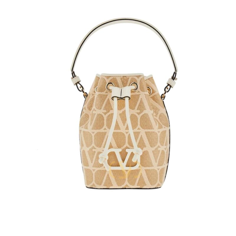 VALENTINO MINI VLOGO SIGNATURE BUCKET BAG IN TOILE ICONOGRAPHE BEIGE 22CM