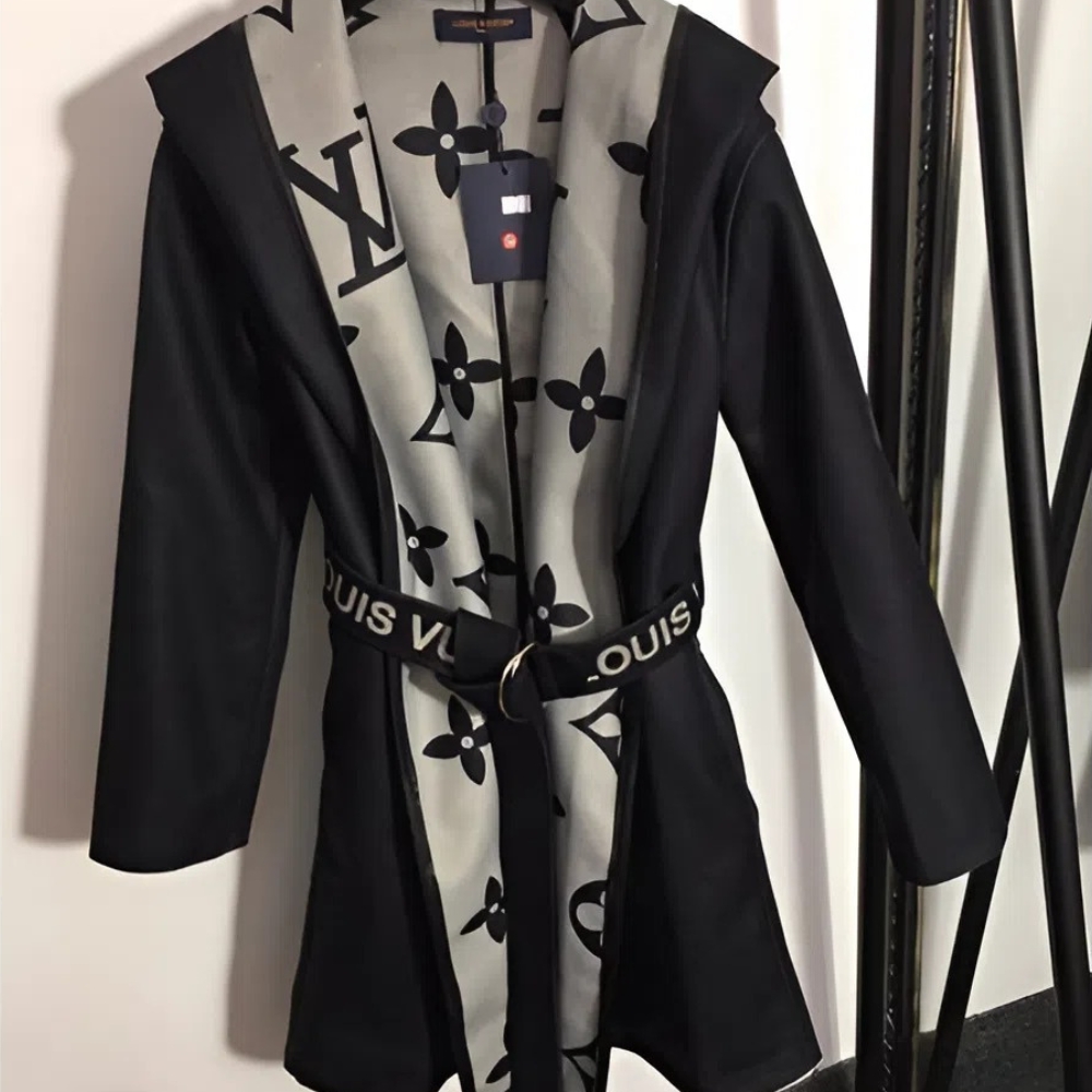 LOUIS VUITTON BELTED DOUBLE SIDED HOODED WRAP COAT BLACK AND GRAY - Image 2