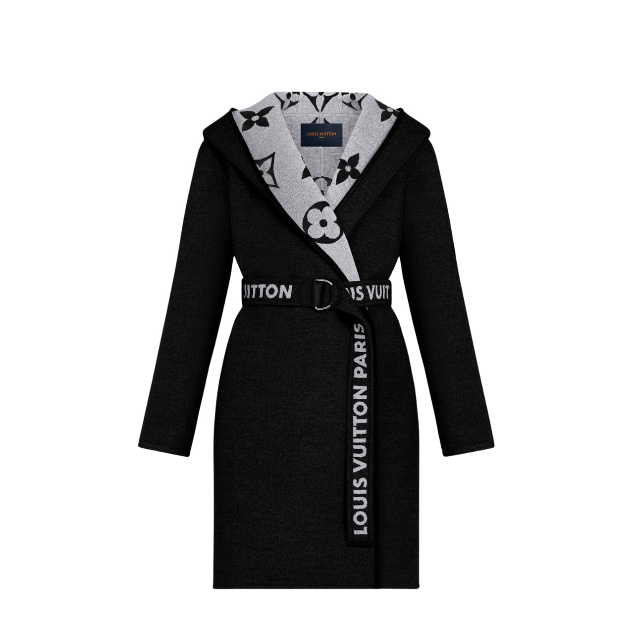 LOUIS VUITTON BELTED DOUBLE SIDED HOODED WRAP COAT BLACK AND GRAY