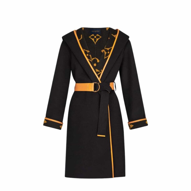 LOUIS VUITTON HOODED WRAP COAT MONOGRAM WOOL IN BLACK