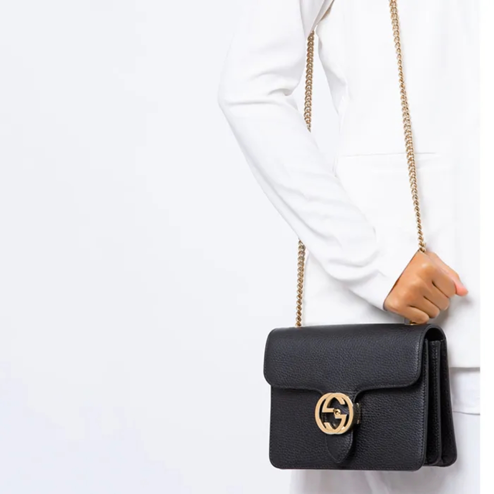 Gucci Interlocking Leather Chain Crossbody Bag Black 20Cm - Image 9