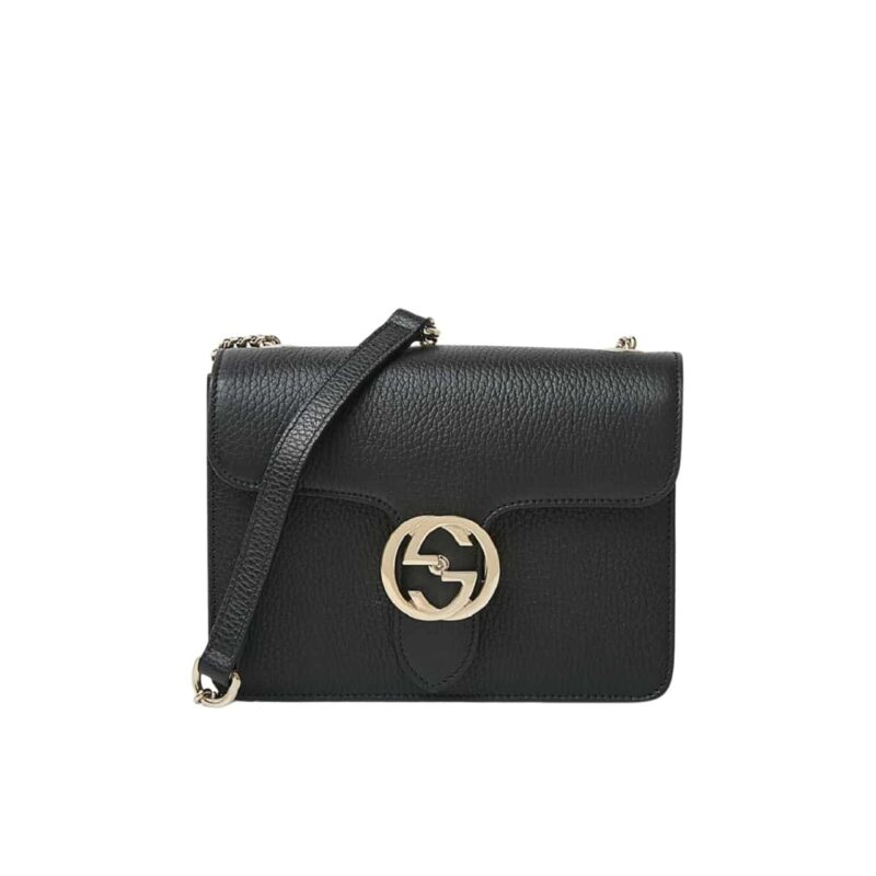 GUCCI INTERLOCKING LEATHER CHAIN CROSSBODY BAG BLACK 20CM