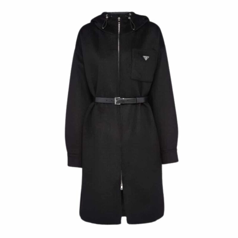 PRADA CASHGORA AND NYLON COAT NYLON BLACK