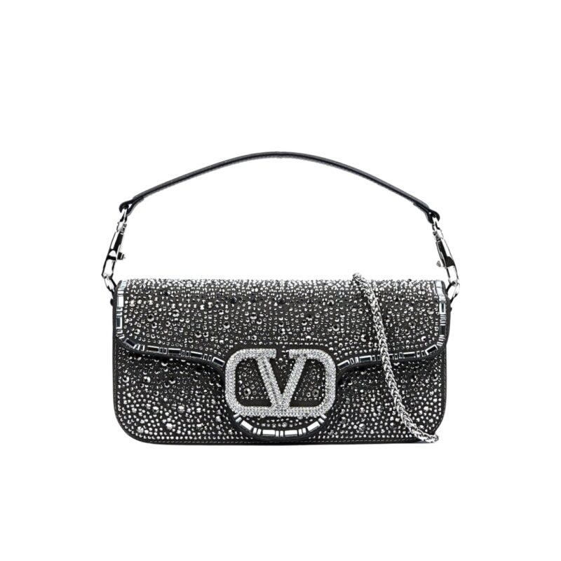VALENTINO GARAVANI LOCÒ SHOULDER BAG WITH RHINESTONES BLACK 28CM