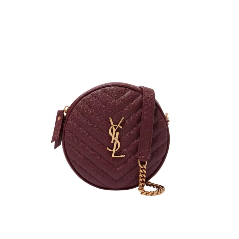 SAINT LAURENT VINYLE ROUND CAMERA BAG IN CHEVRON QUILTED GRAIN DE POUDRE EMBOSSED LEATHER RED 18CM